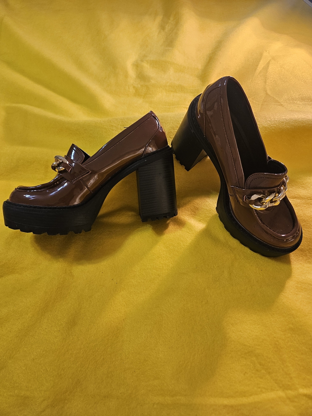 Madden Girl Brown Patent Block Heel Loafers with Gold Chain - Picture 2 of 6